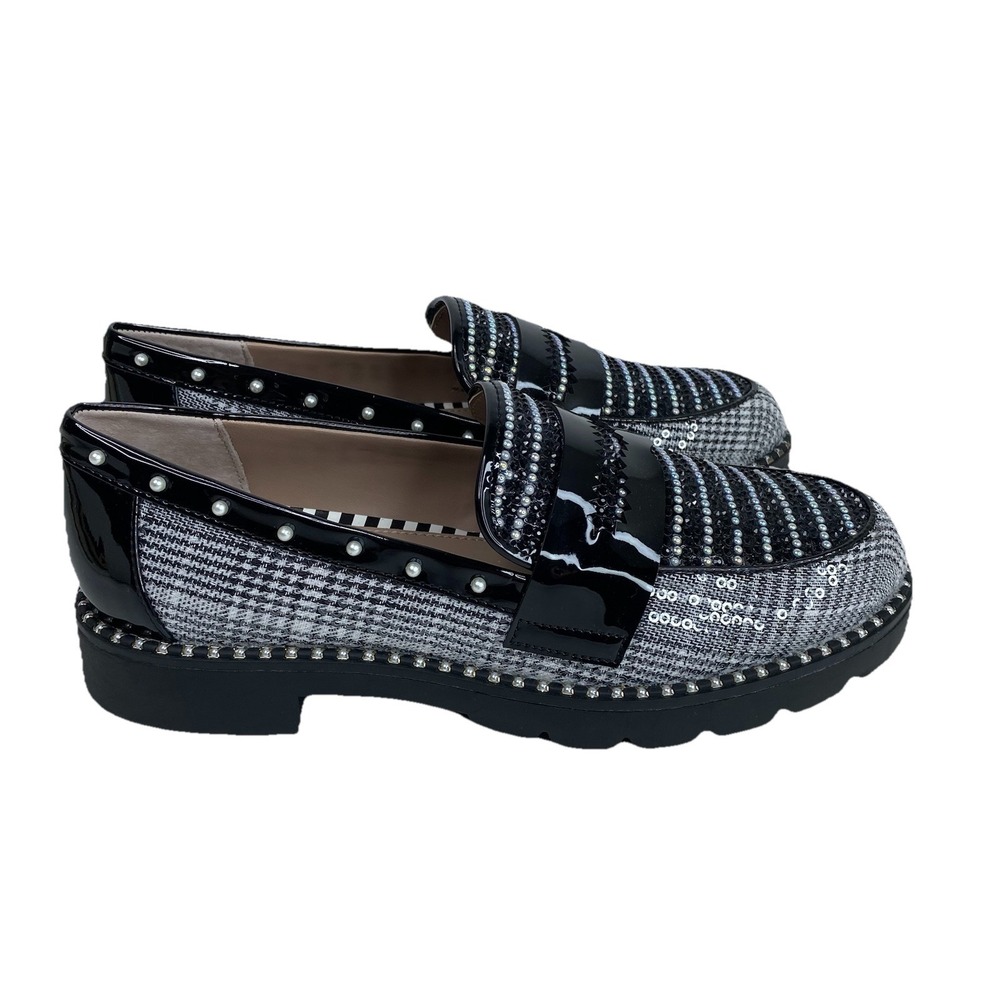 Betsey Johnson Darian Pearls Sequins Plaid Patent Loafer Shoes Size 6M